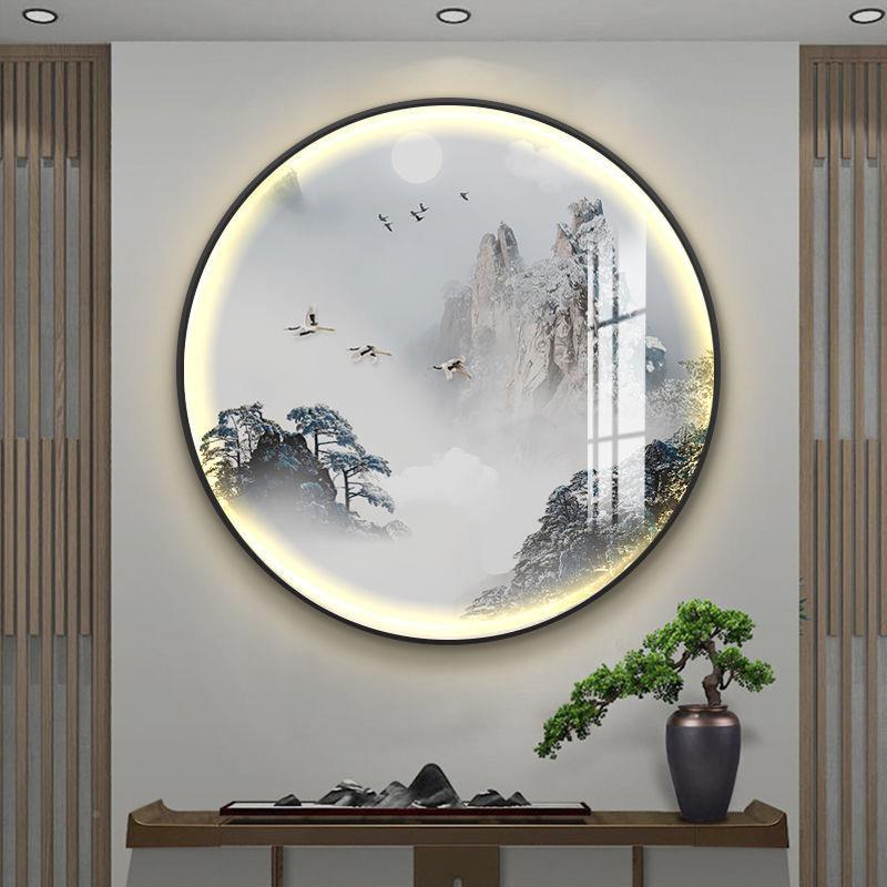 新式形山灯画玄关书中房背圆景装饰画水墨风景意境水MLE茶室圆挂