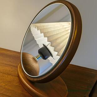 桌面复古奢圆桃形化轻妆镜子高862清可折台叠镜感胡色简约台式镜