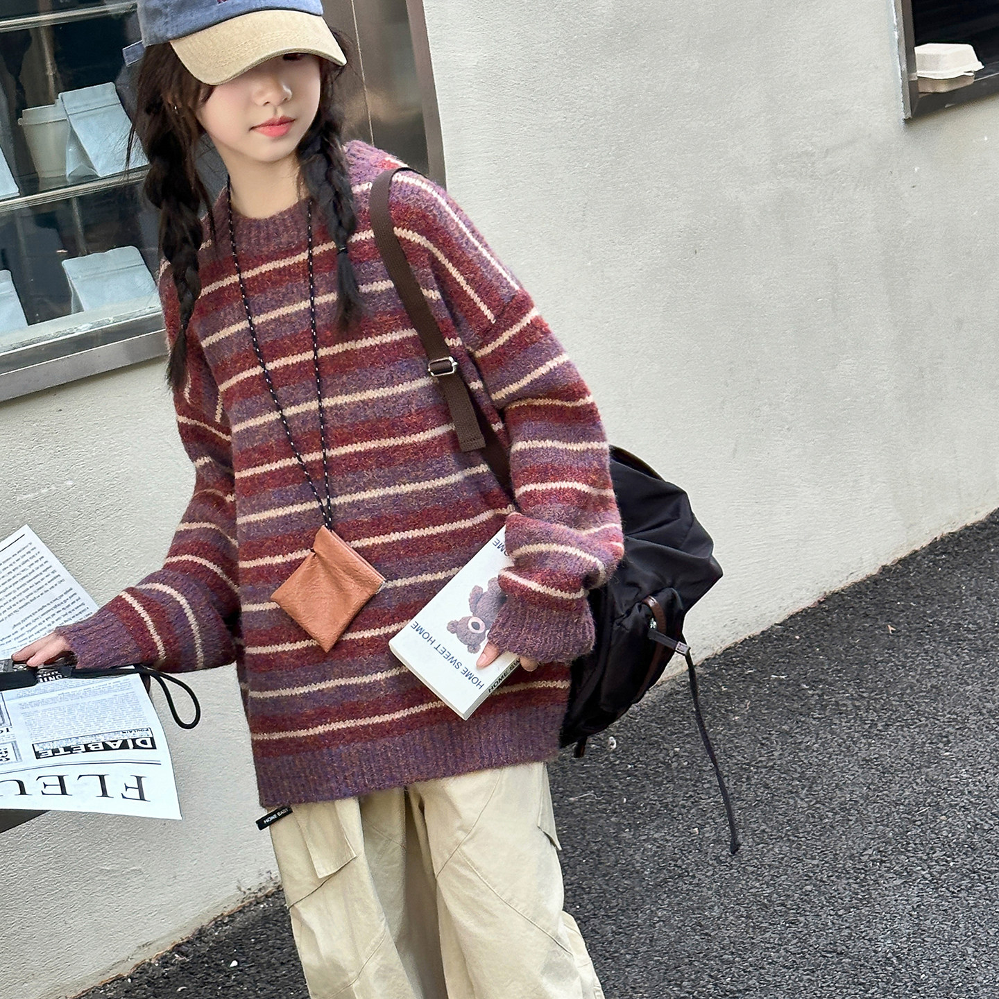 女童秋冬毛衣2025新款女孩中长款针织衫圆领加厚宽松打底衫上衣潮