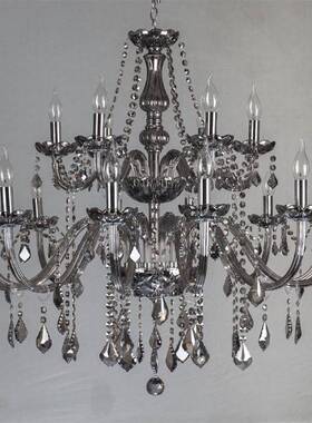 10+5烟灰色水晶吊灯双层15头蜡烛灯玻璃灯客厅餐厅灯适合酒店KTV