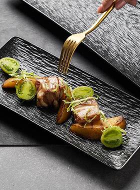 岩石纹瓷长方肉形盘子日39611式烧料理烤盘鸟盘陶刺身盘寿司盘小吃盘B&