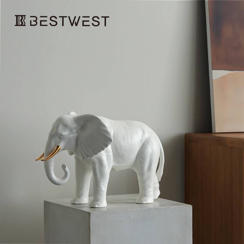Best west 白色简约陶瓷大象动物摆件样板间设计师客厅桌面装饰品