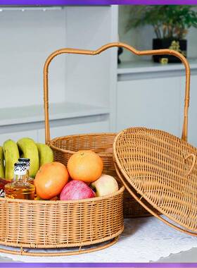 户外野餐双层购拜KPX拜仿?藤篮编织手提箱大容量买菜水果篮带盖物