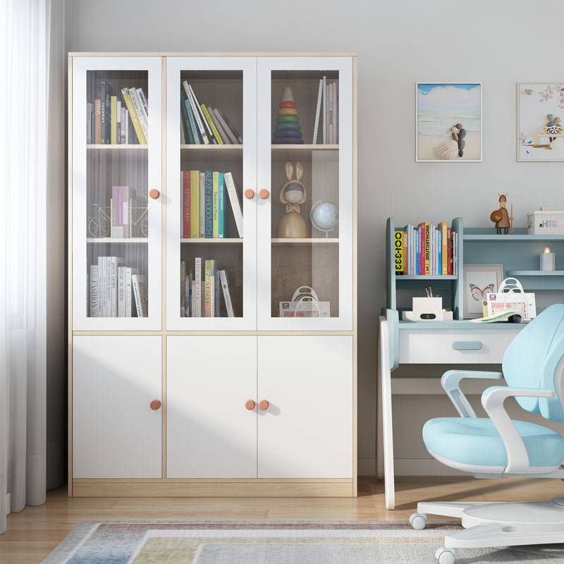 W6实木儿童书柜带玻璃门落地书架客厅卧室收纳柜组合柜置物