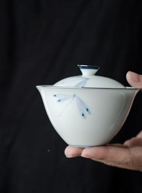 青己玉手87885绘青花陶瓷碗手绘蜻蜓吻釉盖瓷下彩文人器家用泡茶