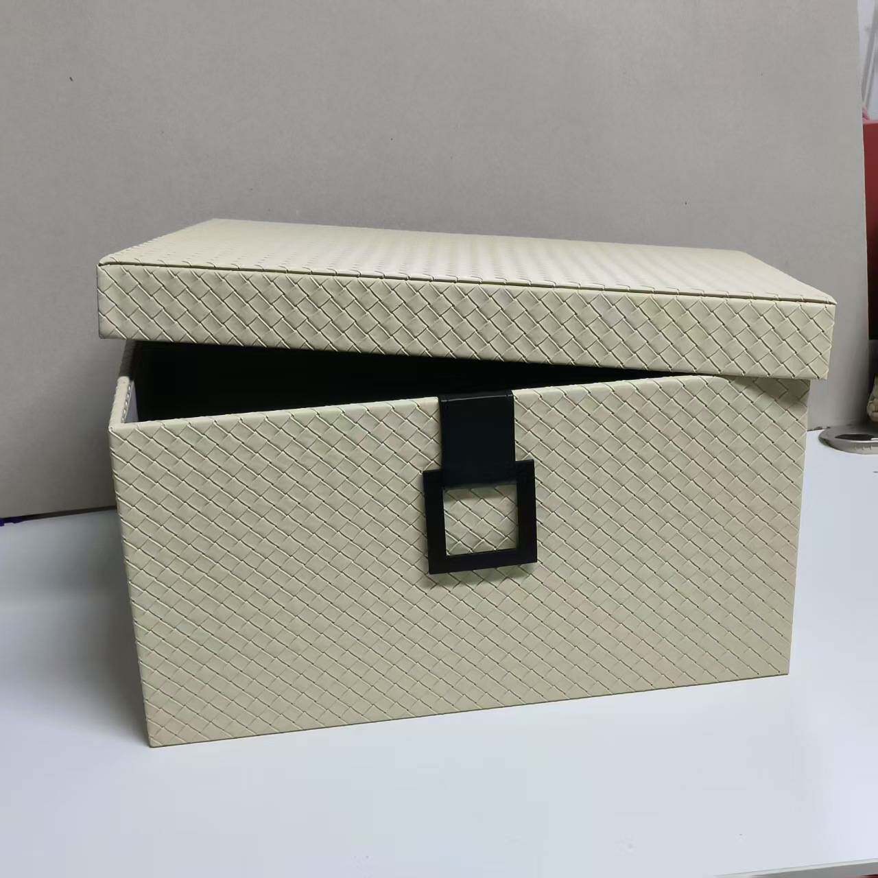 米白色皮质编织纹收纳箱卧室家居柜顶大衣帽间样板房装饰品摆件