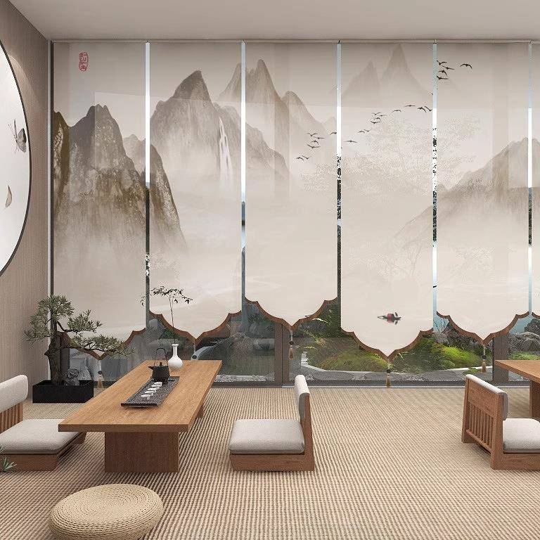 2223新中式透帘明山水卷帘屏风玄关隔断窗挂式升降遮光帘子实木帘