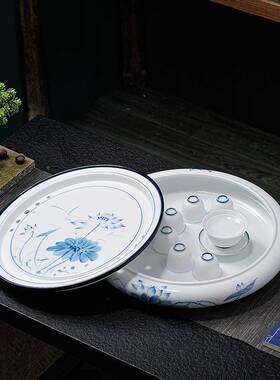 轻脂玉瓷陶瓷圆形青花34337瓷茶台14英寸奢手绘羊扁茶储水简盘约