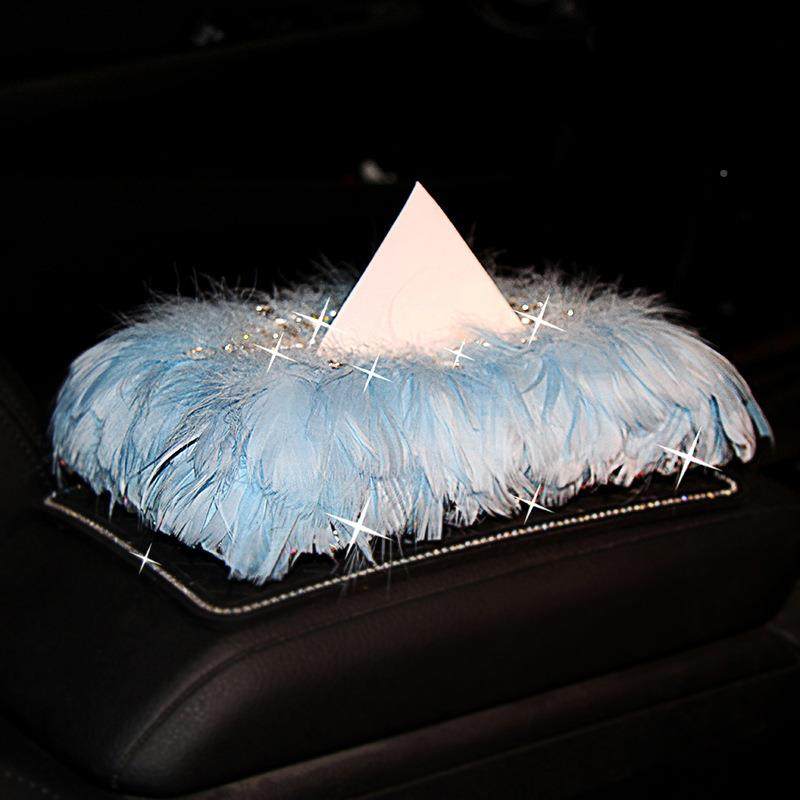 车纸盒座摆件车式用水钻羽载巾毛汽粉色+垫车餐巾盒车内装饰闪亮