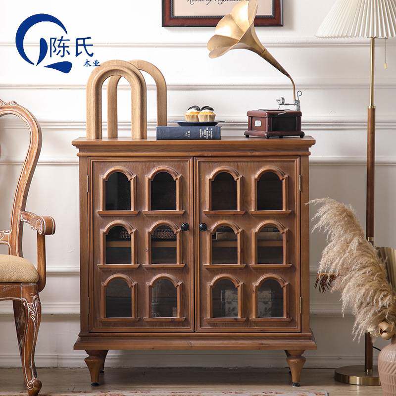 中古风餐边柜实木玻璃门斗柜多功能靠墙边柜美式入户玄关柜装饰柜