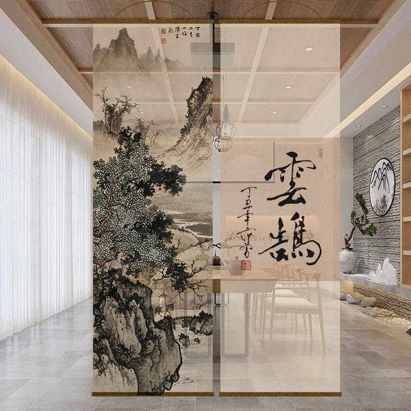 新款水墨书法字体透景屏风纱中式卷帘隔断帘挂帘窗帘玄关透光纱帘