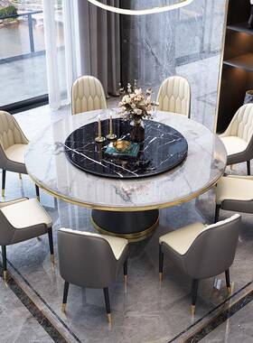 意式轻奢大理岩KHI石餐圆形.桌椅组合家用15米小户型板家用吃饭桌