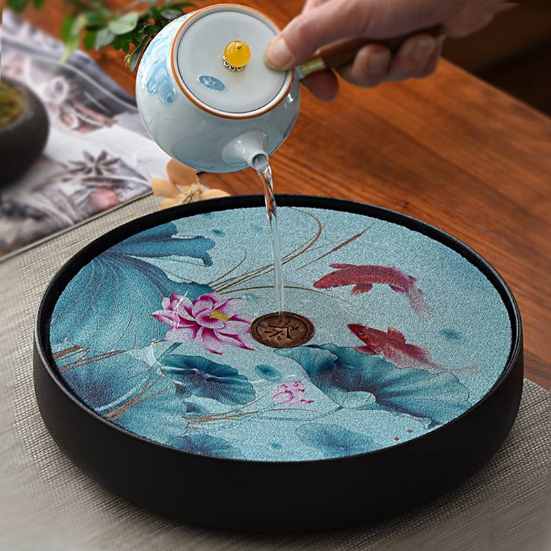 陶瓷小茶盘功夫圆形干泡台茶具家用储水茶台茶海简约日式吸水托盘