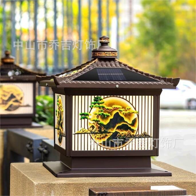 太阳能柱子灯新款中式庭院别墅大门门柱灯室外阳台户外围墙柱子灯