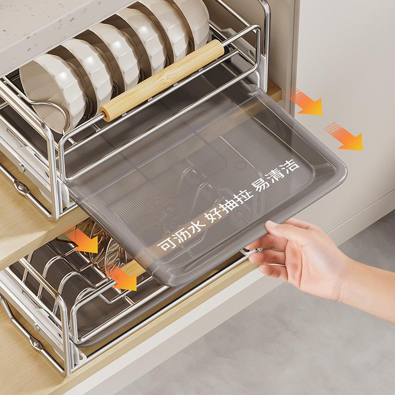 锈钢碗碟收纳架置厨房橱内物架抽屉柜式拉篮抽拉碗柜盘不沥水8903