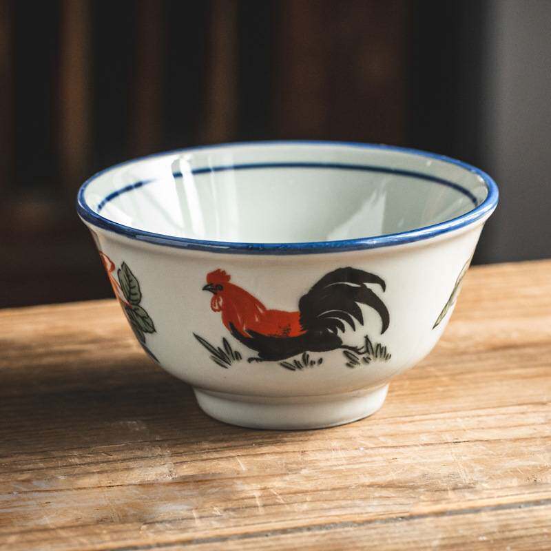 老式怀旧公鸡碗吃饭的碗10个装碗勺套装陶瓷汤碗家用饭碗复古餐具