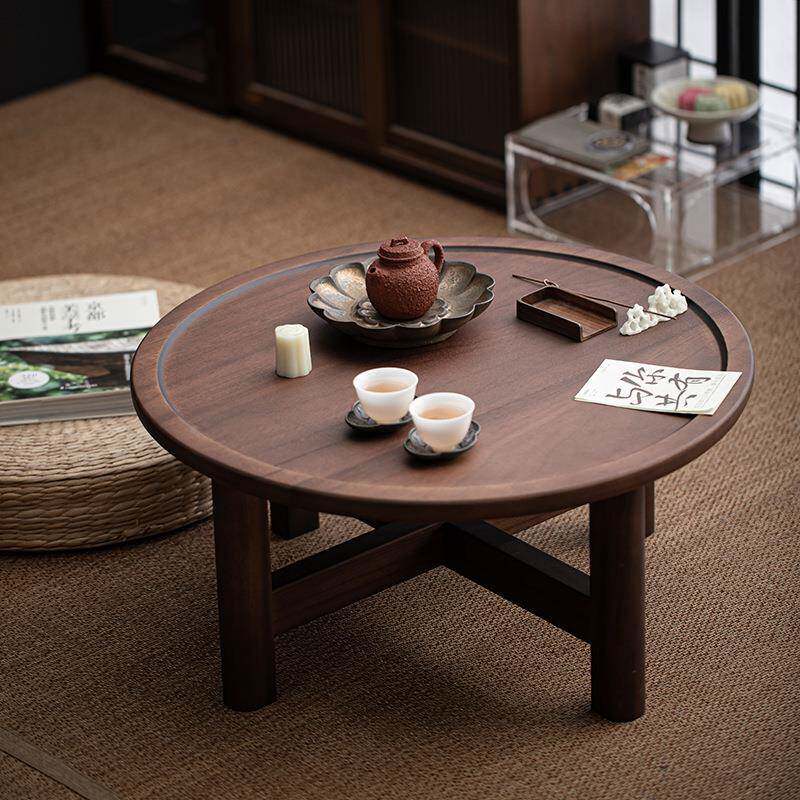 胡木圆形小茶几桌家用客厅榻桃榻小米实黑胡桃木木茶户外露营可拆