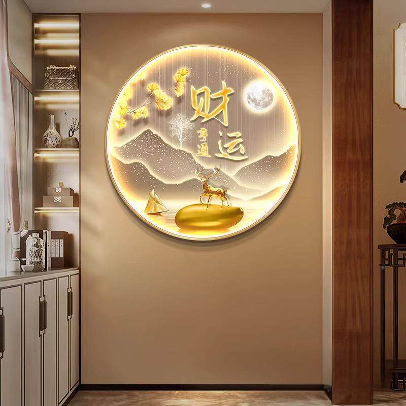 简约轻奢玄关装饰画福鹿山水餐厅圆走形中古过挂画HF901366客道厅