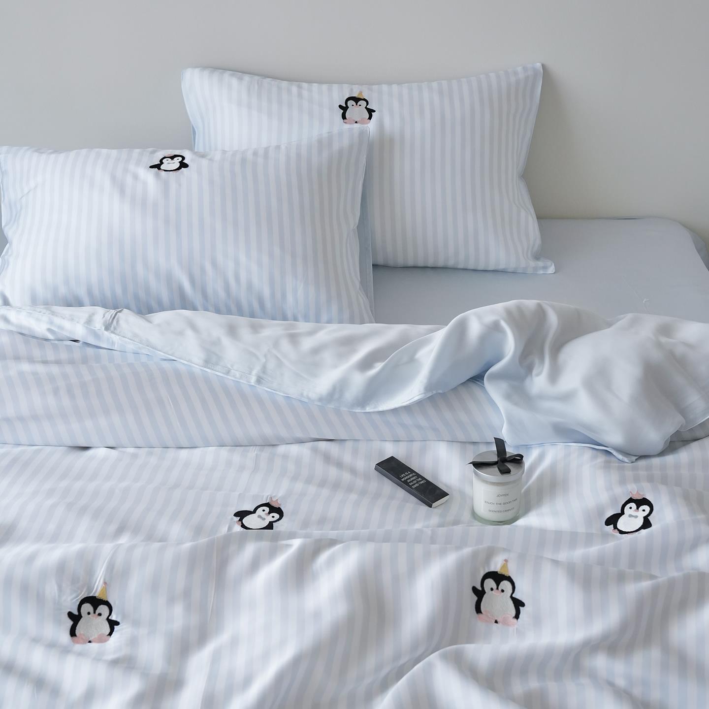 六月雨白春夏支兰精天丝企鹅卡通蓝色轻奢凉感床单床上三四件套