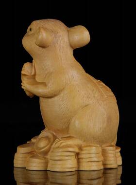 黄杨木雕工艺品 生肖鼠手把件实木雕刻动物茶宠 小摆件家居饰品