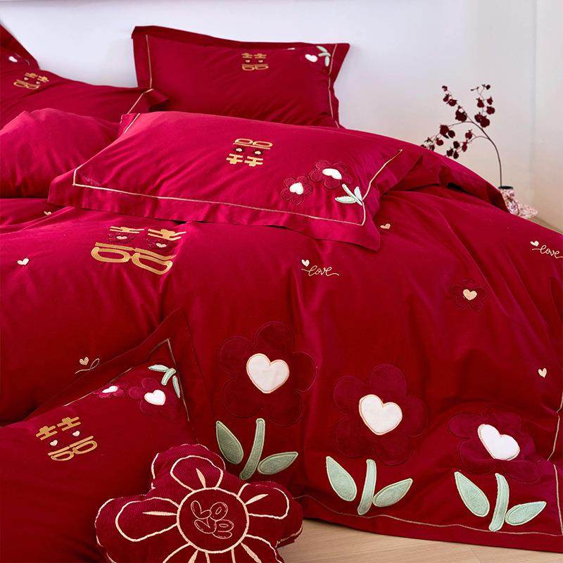 新婚庆贴布绣花朵四件套Y19绒棉棉100S棉纯喜字红色结婚全被套床,床上用品,婚庆床品套件,淘宝优惠券,粉丝福利购,淘宝优惠卷