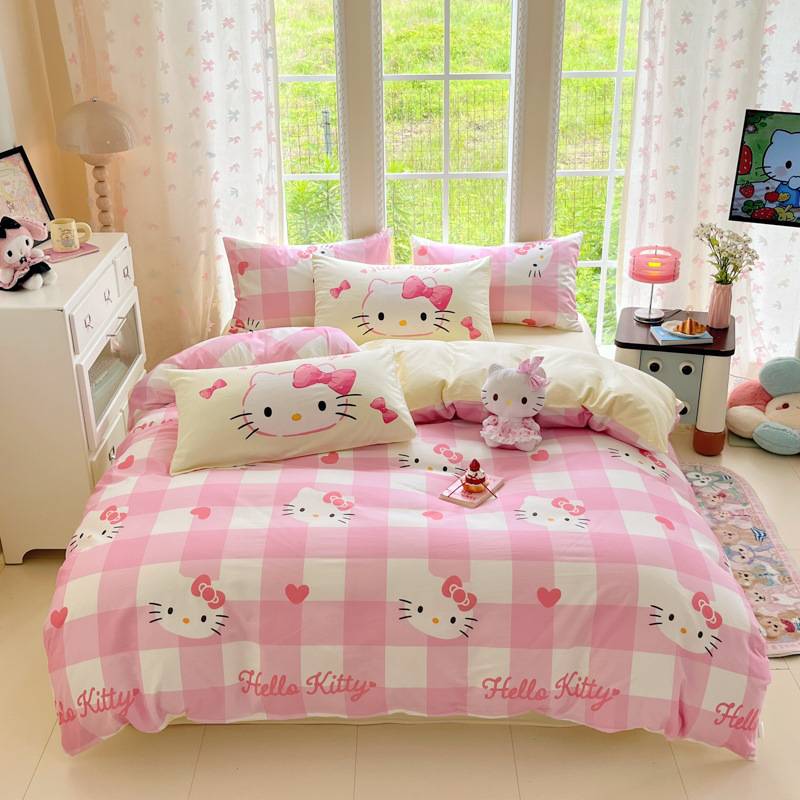 三丽鸥HelloKitty全棉印花四件套卡通纯棉床单被套罩床笠款三件套