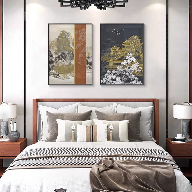 新中式装饰画样板房创意山水画建筑书房客厅玄关沙发背景软装挂画