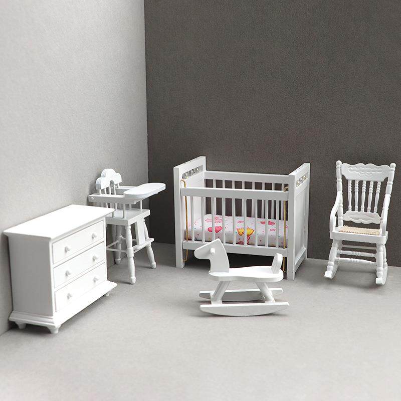 1:1A1013-WH2娃娃屋dollhouse迷你家具白儿房套装童儿床色摇摇马