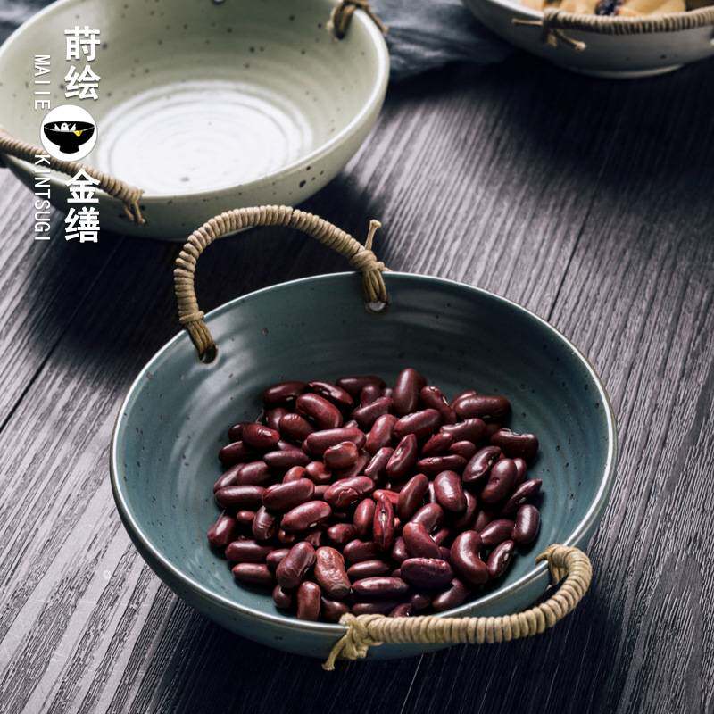 网红粗陶复古怀旧餐具创意日式双耳汤碗麻绳老式土陶面碗个性盘子