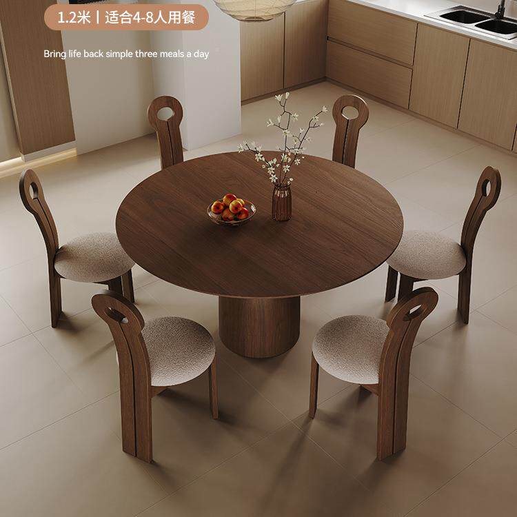 中古风实木圆形餐桌胡YZ043转盘复法式古桃色圆桌型家用小户设计