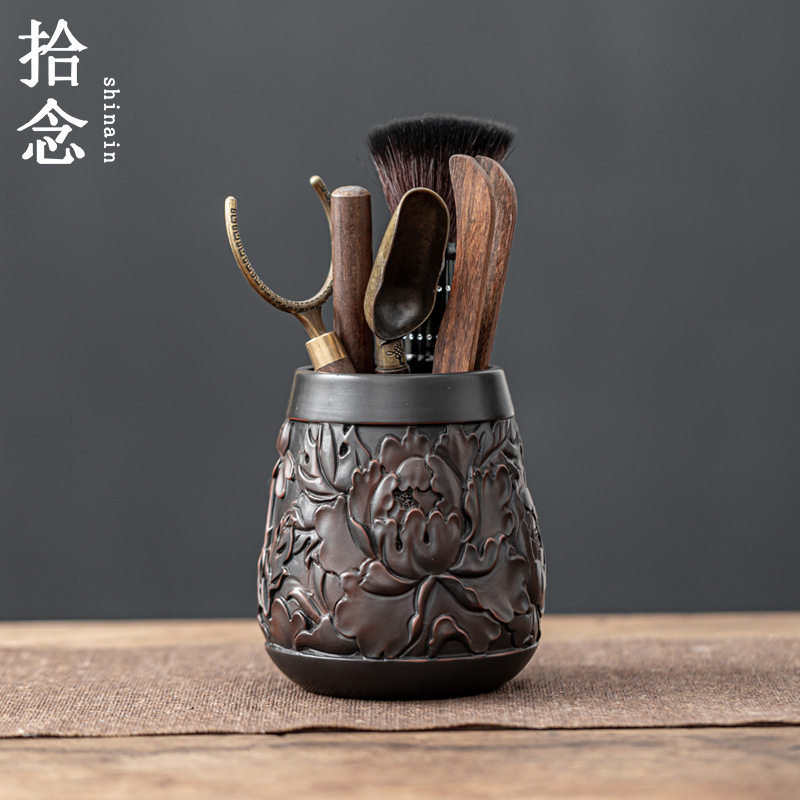 紫陶茶道六君子整套茶道配件泡茶立体荷韵浮雕中式复古茶勺茶夹桶