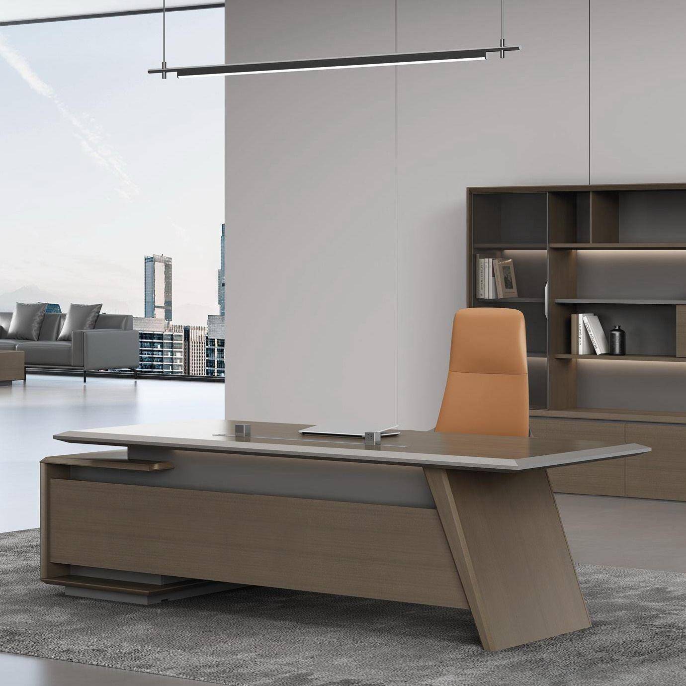 现2422代简约轻老桌网红办胡公桌灯带大奢班桌总裁桌深桃木板色书