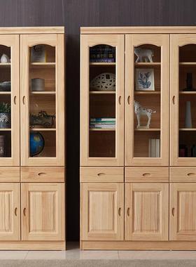全实木书柜玻璃书落地松门书房AAM带门多功能储物柜架学生文件木