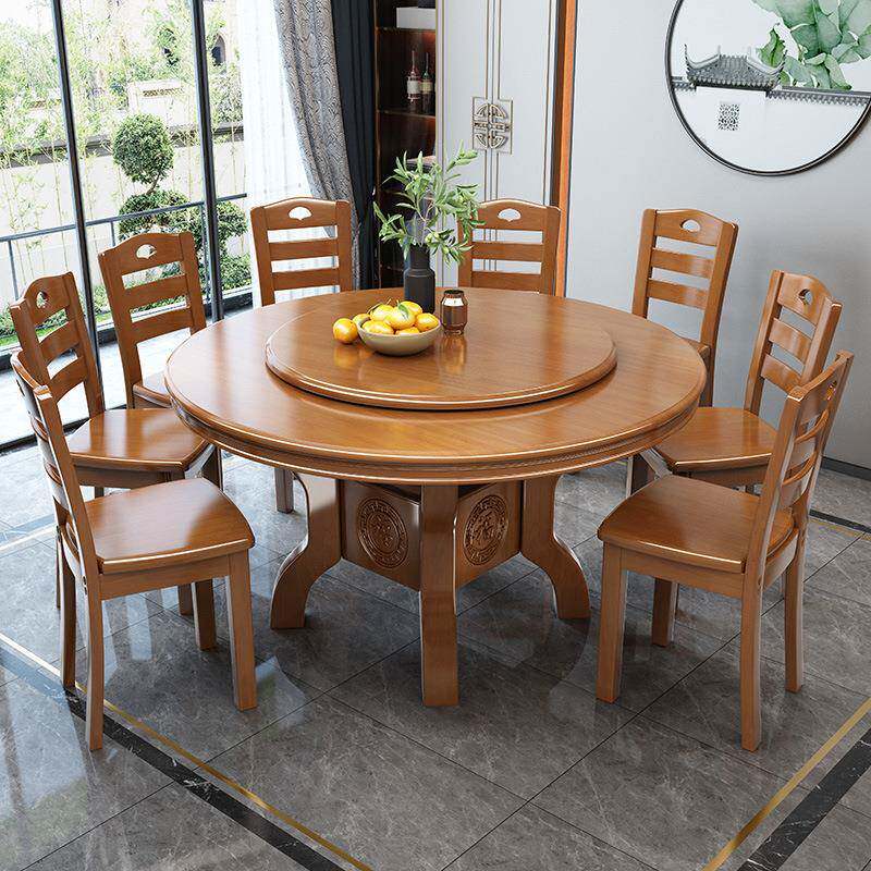 大圆餐桌组合圆家用现椅代约中式10人农简村饭桌子带088900转实木