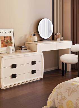 22新款中斗古奶油风梳妆台实木0XWF烤漆柜5一体卧室现代简约化妆