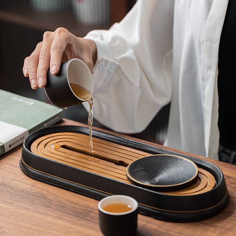 黑陶茶盘竹制储水式干泡小茶台陶瓷办公室家用日式迷你简约托盘