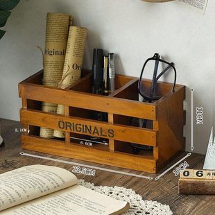 木制收纳盒三格公室文艺笔筒木质复古学习用品桌面创意居家杂物