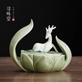 一鹿莲升陶瓷盘香炉｜禅意香薰炉莲花檀香炉熏香炉家用茶道摆件
