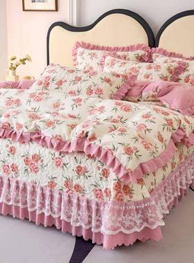 pxx1002四季通用四件夹棉床盖加厚防滑床床单三套件丝套蕾花边罩