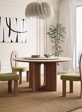 9中古风洞岩板圆桌家用小户型圆饭桌实石形木带转盘圆餐桌椅UBFV