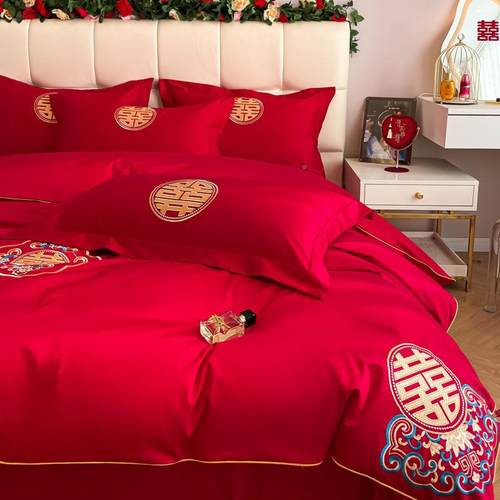 高端结婚纯棉件套婚庆大红色全棉被笠套床单四BaiSJJ14床新婚嫁床