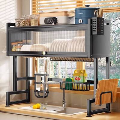 厨房水槽置物架台面碗碟水池碗柜多功能防尘带柜门碗盘收纳沥水架