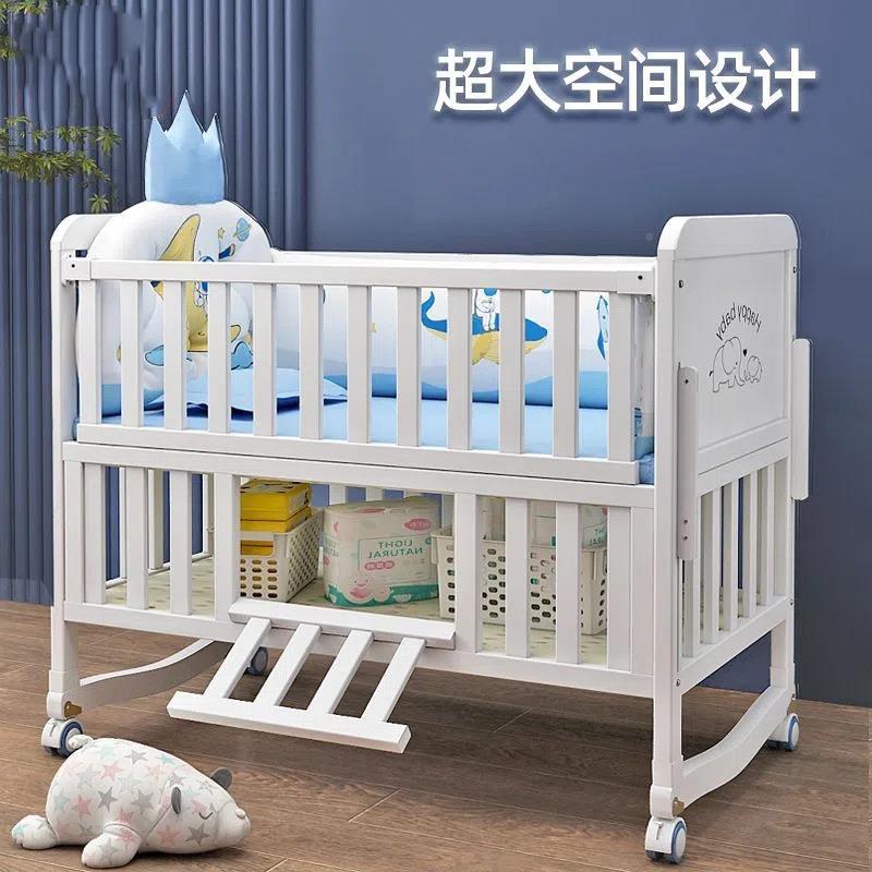 榉木能拼接婴儿N0床白色实功木多摇篮拼接可大床