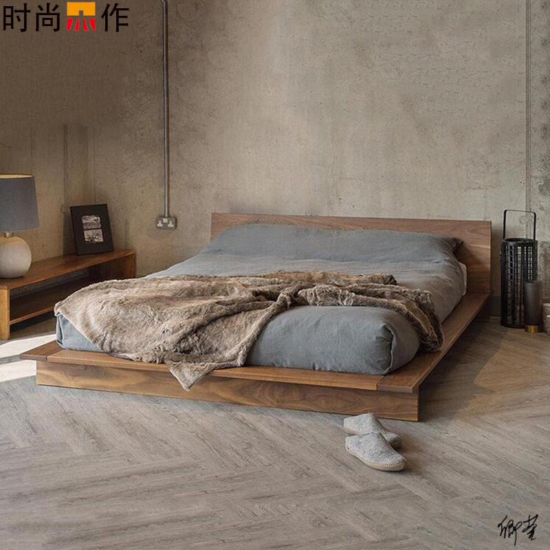 实木榻榻米床架一体家具黑胡桃儿童床地台双人床成品箱硬床木简