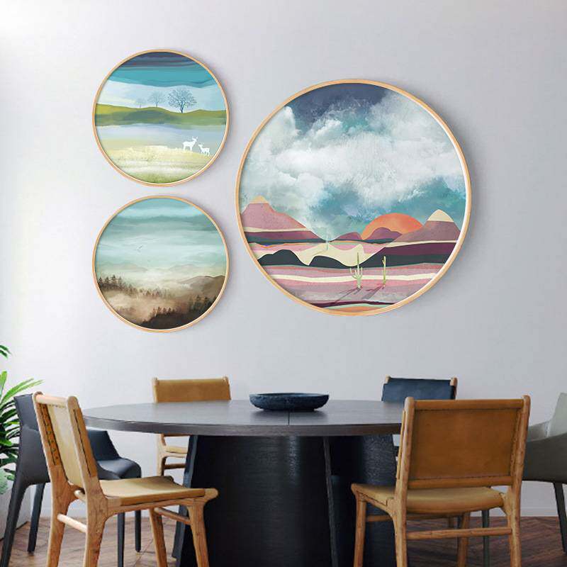 日出彩绘客厅圆形装饰画现代简约风实木框画日式餐厅墙画彩色森林