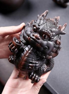 紫陶茶宠龙摆件创意十二生肖招财龙龙茶桌FIM具摆设茶紫砂神可养