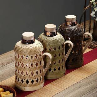 竹编热水瓶用家手工传塞统木水壶658茶室办公室保温胆瓶玻璃内热