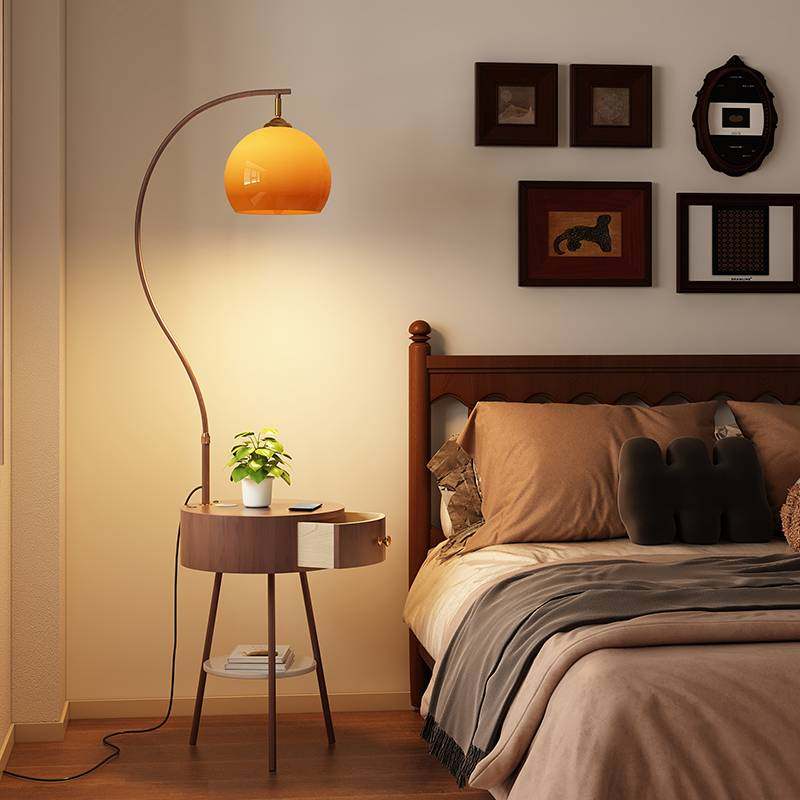 带抽屉落地灯客厅沙发边几置物法式中古新中式卧室床头柜台灯一体