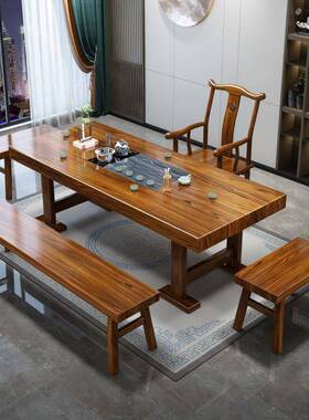 实木几原木大约板茶桌椅组合一桌五椅简泡OYU茶办公室家用茶台