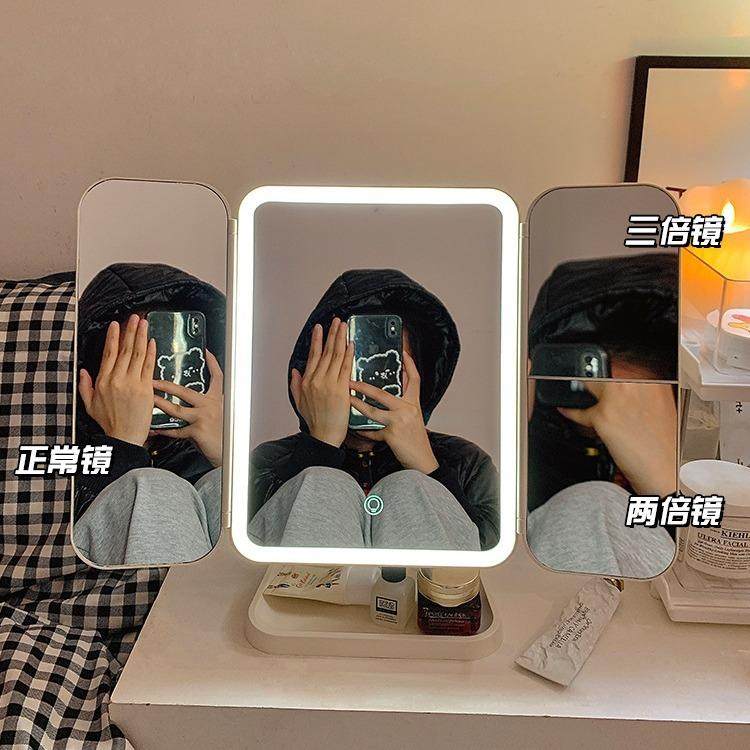 妆圩派桌面带化PXS镜台式贝壳双开l门ed收收纳学生调节镜子化妆灯